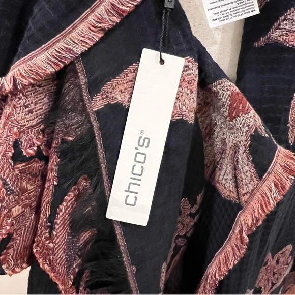 Chicos NEW Scarf Black Pink Textured Floral Leaves Cotton Fringe Oblong Boho - Picture 8 of 11